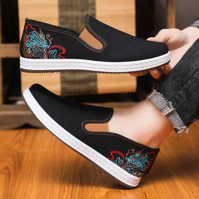 スリッポン シューズ メンズ 中国風 刺繡 キャンバス 靴 フラットソール 布 デイリー カジュアル 通気..