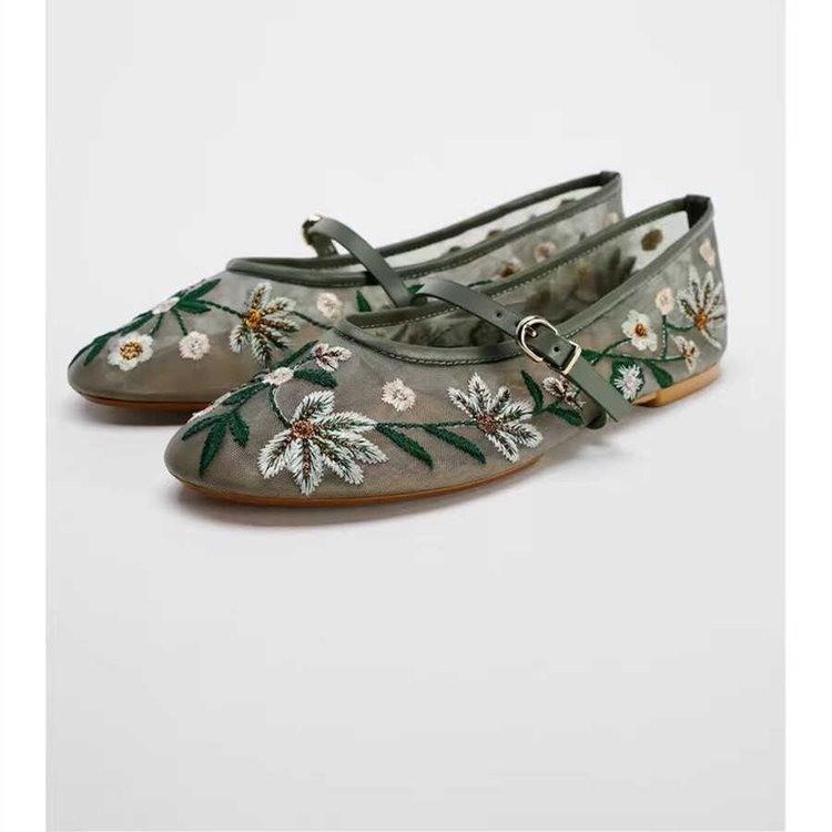 フラットシューズ レディース フラワー メッシュ チャイナ風 上品 カジュアル 普段使い ラウンドトゥ 靴 ローヒール 通気性 春夏秋(4)