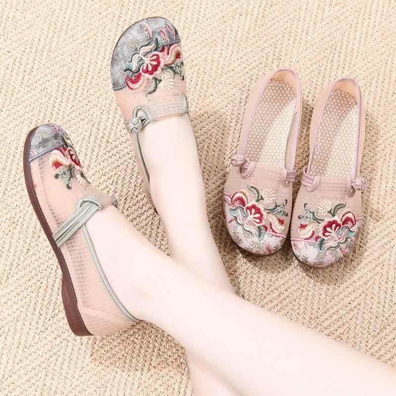 フラットシューズ レディース 民族風 刺繡 メッシュ 靴 花柄 レトロ エスニック ローヒール 夏 カジュアル 軽量 通気性