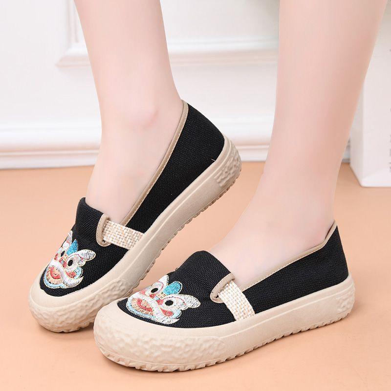 スリッポン 靴 メンズ 男性用 春夏 中国風 刺繡 ライオン柄 リネン 麻 ヌバック スエード ミドルヒール..