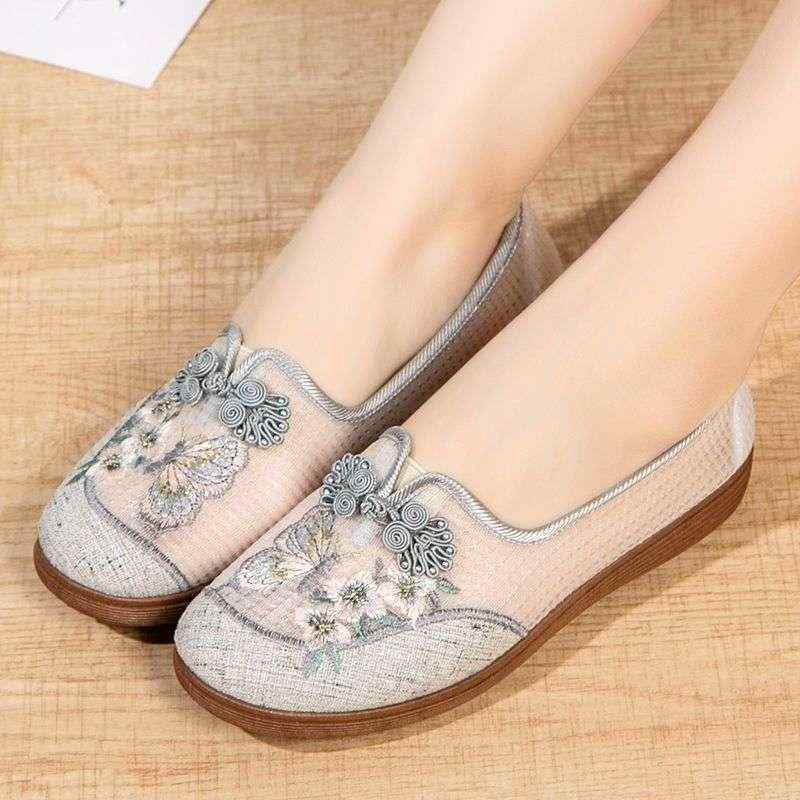 靴 シューズ レディース ママ向け 薄手 夏 メッシュ カジュアルシューズ 高級感 レトロ 刺繍 漢服スタイル 布シューズ 速乾 通気 軽量 麻素材 ラウンドトゥ ピンク ベージュ グレー