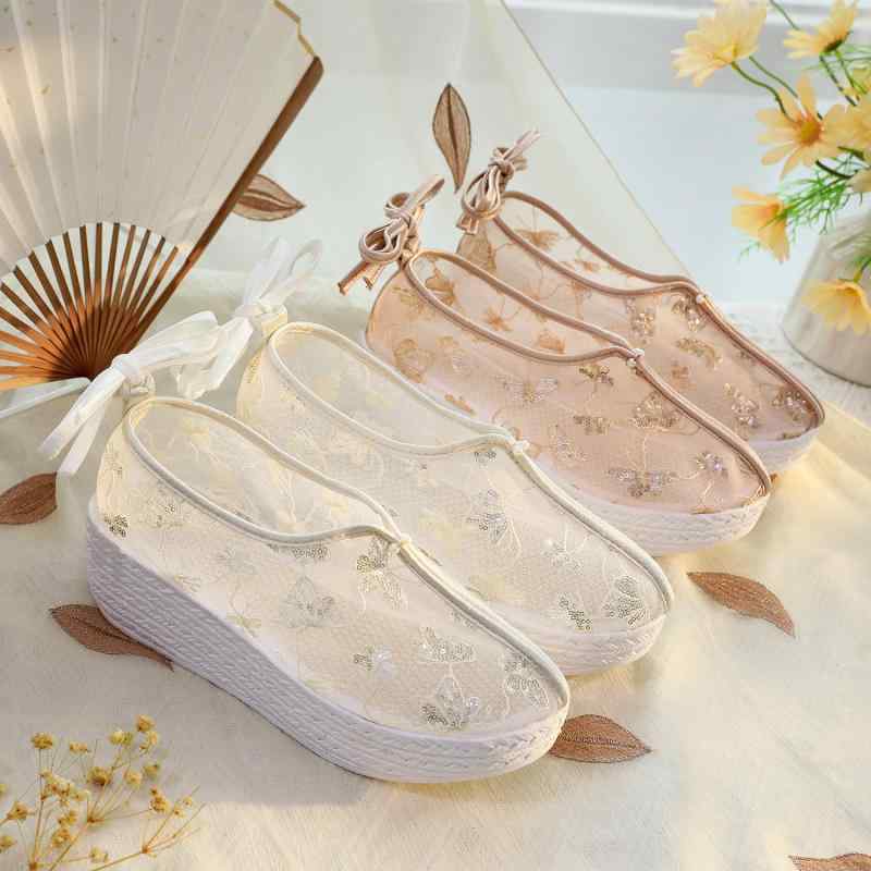 靴 フラットシューズ レディース キャンバス 厚底 ウェッジソール 軽量 ヒールアップ エスニック 蝶 精巧サテン刺繍 ラウンドトゥ 普段使い オフホワイト シャンパンカラー 春夏