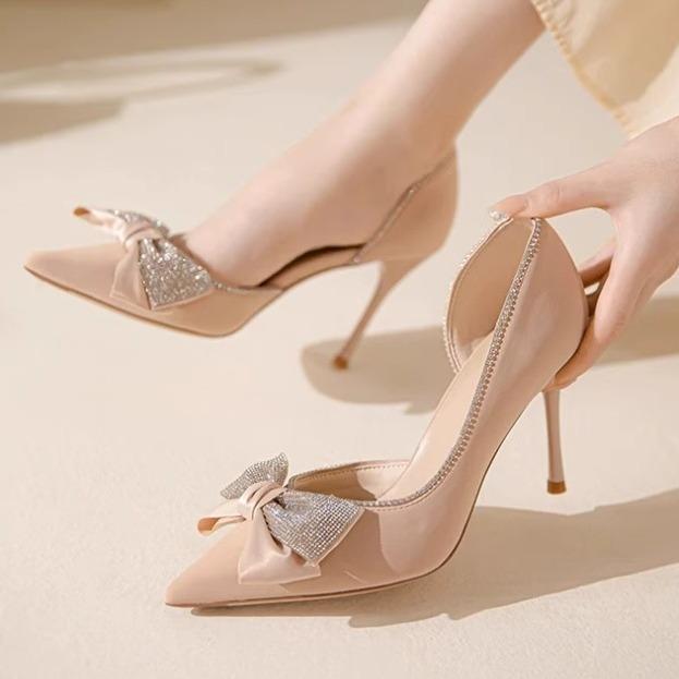 パンプス レディース 韓国風 ファッション ラインストーン リボン オープンデザイン 浅め ポインテッドトゥ 細ヒール ピンク マイクロファイバー デイリー 秋...