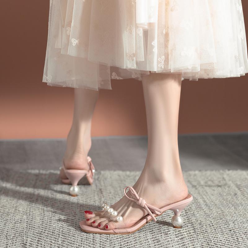 サンダル レディース 女性用 ヌードピンク スクエアトゥ ワンストラップ パール ハイヒール ミュール ..