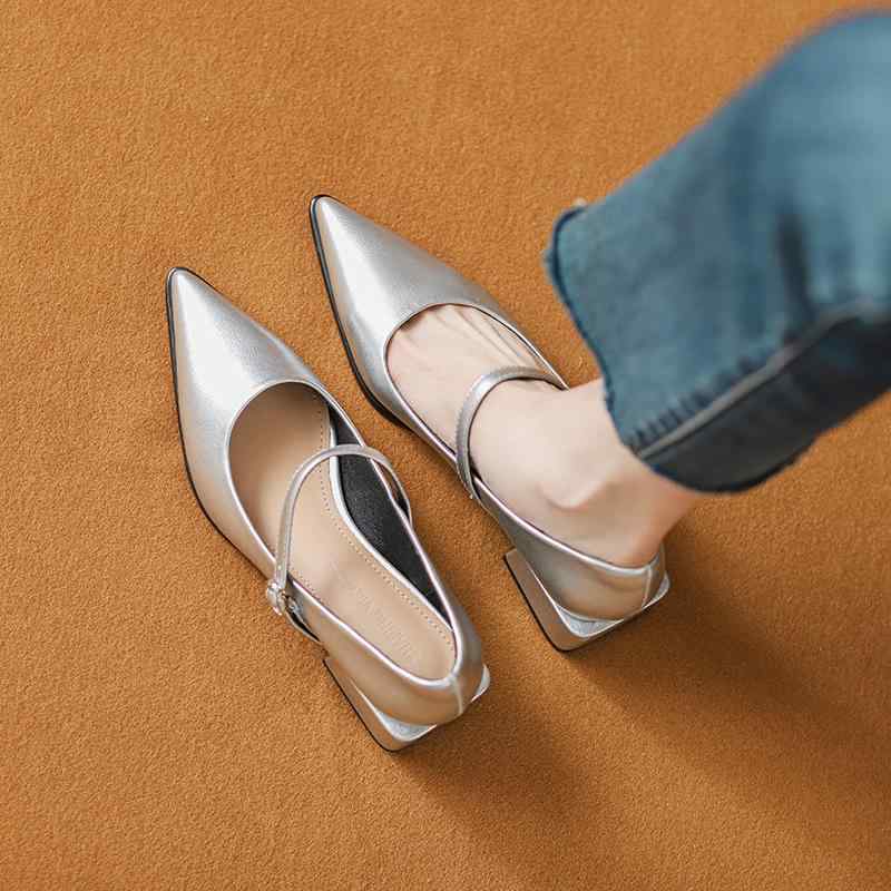 マリージェーン パンプス レディース シルバー ポインテッドトゥ ミドルヒール ストラップ フレンチ 韓国風 合成皮革 チャンキーヒール バックル 春夏秋 普段...