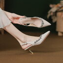 ミュール レディース ポインテッドトゥ 細ヒール ピンヒール ラインストーン ビジュー エレガント 上品 合皮 フェイクレザー シャンパンカラー ハイヒール パ...