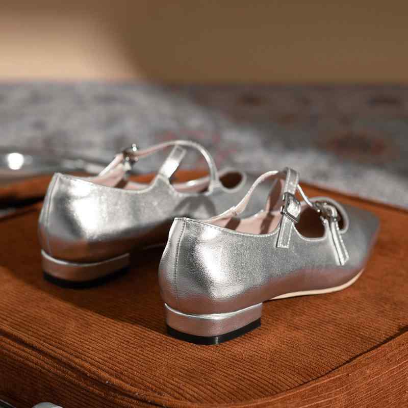 メリージェーン レディース シルバー ポインテッドトゥ ローヒール 太ヒール クロスストラップ PUレザー バレエシューズデザイン 普段使い 春夏 パンプス フ...