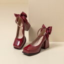 メリージェーン レディース スクエアトゥ スーパーハイヒール 厚底 プラットフォーム チャンキーヒール プリンセス エナメル ワンストラップ 無地 ワインレッド...