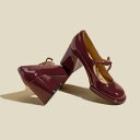 メリージェーン パンプス レディース フレンチスタイル チャンキーヒール ハイヒール リボン 浅履き ラウンドトゥ エナメル ワインレッド 春夏秋