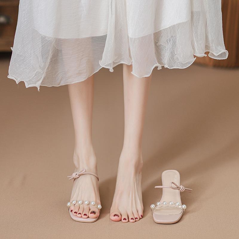 ミュールサンダル レディース オープントゥ スクエアトゥ パール リボン ワンストラップ ヒールサンダ..