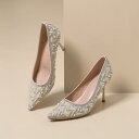 パンプス レディース ポインテッドトゥ ピンヒール ラインストーン パール エレガント 上品 浅め ハイヒール 結婚式 パーティー 披露宴 ウェディングシューズ...