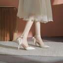 パンプス レディース 細ヒール ポインテッドトゥ アンクルストラップ サテン ハイヒール エレガント 上品 フォーマル 結婚式 オフィス 通勤 春夏 アプリコッ...