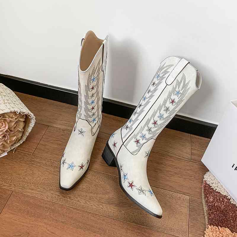 ブーツ レディース レトロ ポインテッドトゥ 太ヒール チャンキーヒール ロング丈 ニーハイ ライディングブーツ ウエスタンブーツ 欧米風 グラフィティデザイン PUレザー 合成皮革 スタイルアップ クッション性 秋冬 ベージュ
