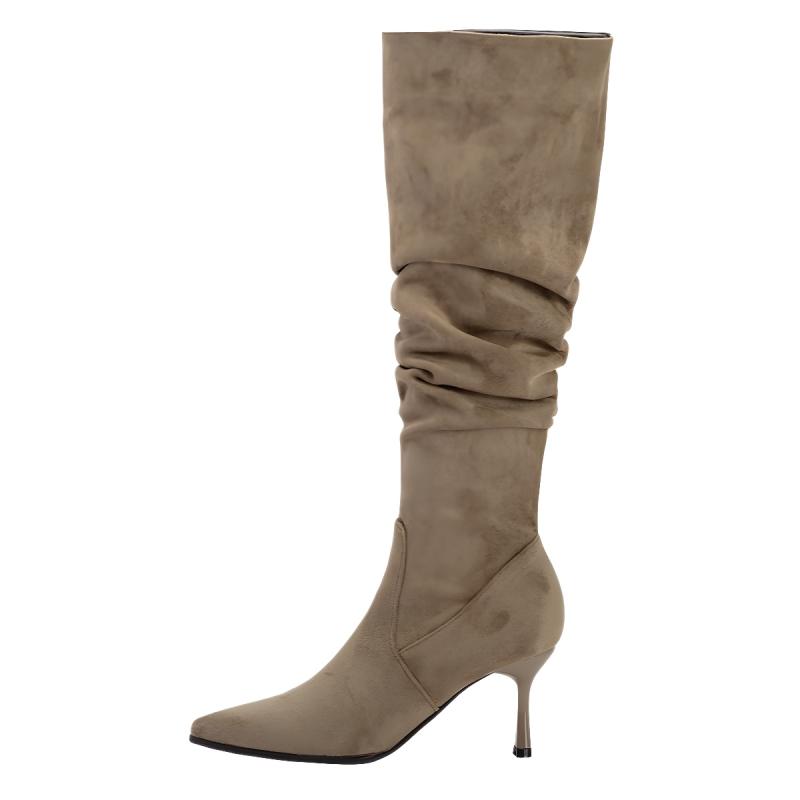 過膝ブーツ レディース ストレッチベロア 裏ボア ポインテッドトゥ ミドルヒール 細ヒール ルーズ ゆっ..