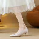 パンプス レディース ポインテッドトゥ リボン 太ヒール 通勤 オフィス 普段使い 上品 フレンチテイスト きれいめ ミドルヒール 合成皮革 春夏 アプリコット...