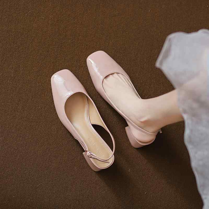 ミュール サンダル レディース ピンクベージュ スクエアトゥ 太ヒール ミドルヒール 疲れにくい 安定感..