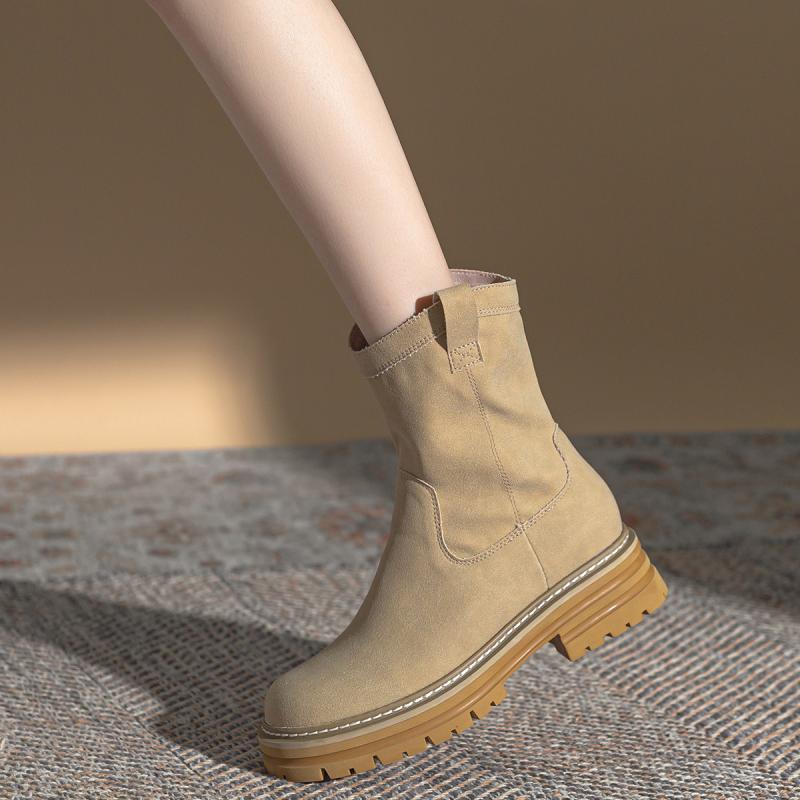ショートブーツ レディース 厚底 チェルシーブーツ ヌバック ミドルヒール チャンキーヒール ラウンドトゥ スリムフィット 美脚 韓国風 カジュアル 滑り止め 秋冬