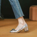 マリージェーンシューズ レディース 太ヒール スクエアトゥ シルバー バレエパンプス 浅口 ソフト 通気性 韓国風 無地 マイクロファイバー ラバーソール 普段...