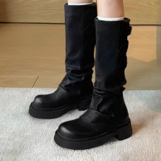 ブーツ レディース レトロ 厚底 ロングブーツ 膝下丈 くしゅくしゅ ルーズ ジョッキーブーツ ラウンド..