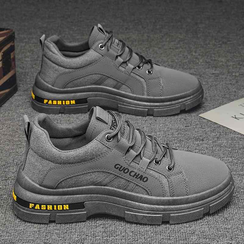 スニーカー メンズ 作業靴 ワークシューズ 通勤 仕事用 現場作業 普段使い 滑り止め 耐摩耗性 衝撃吸収 疲れにくい PUレザー フェイクレザー レザー切り替え ローカット レースアップ ラウンドトゥ フラットソール 春夏秋 カーキ グレー ブラック
