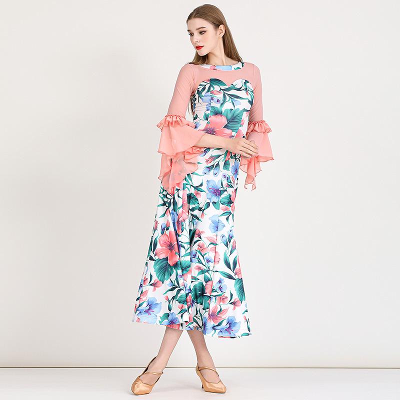 社交ダンスドレス レディース プリント柄 エレガント 上品 練習着 衣装 ポリエステル スパンデックス ..