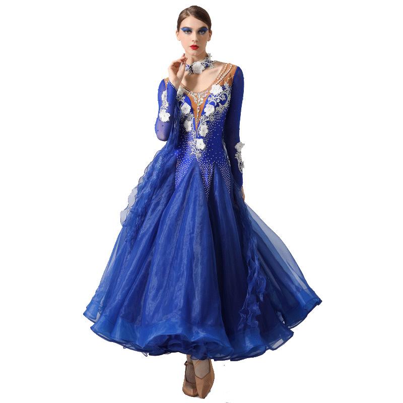 社交ダンスドレス レディース モダン インターナショナルスタンダード サファイアブルー ラインストー..