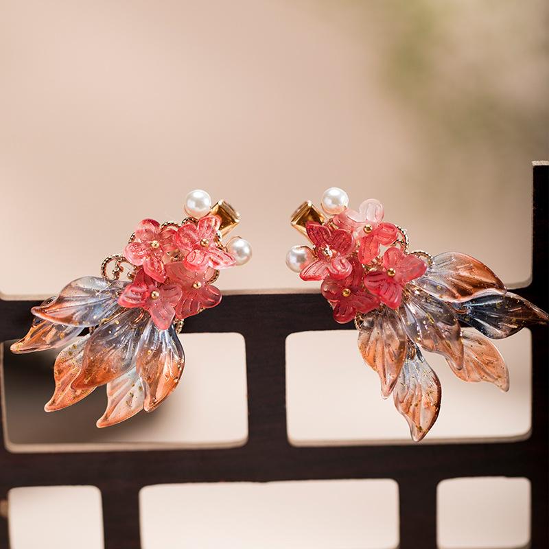 髪飾り キッズ 女の子 古風 金魚 錦鯉 グラデーション ガラス製 手作り ヘアクリップ 漢服 中華風 レトロ かわいい 幻想的 ペア アクセサリー(x2)