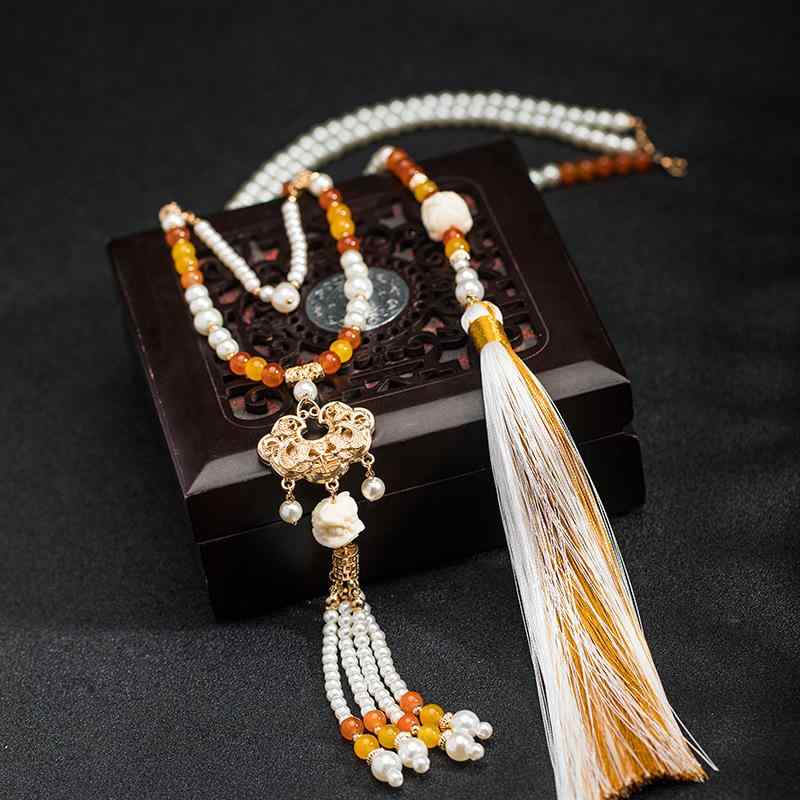 ネックレス レディース 中国風 古風 漢服 馬面スカート ロングネックレス 瓔珞飾り 背雲 タッセル付き ..