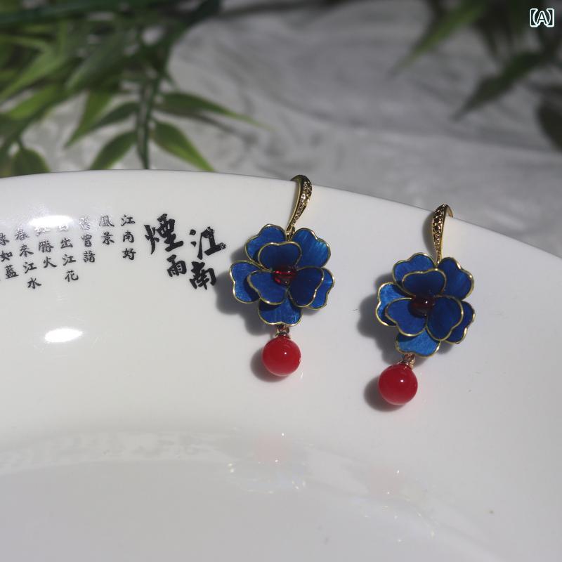 耳飾り レディース 春夏 レトロ 中国風 ベルベット花飾り 繊細細工 合金製 青 赤 ピンク チャイナドレ..