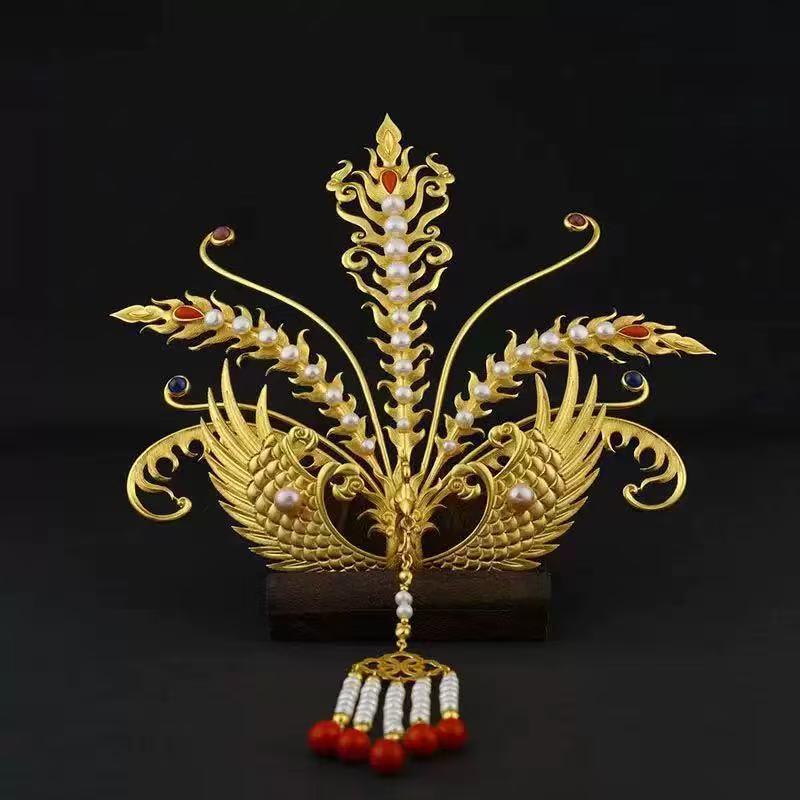 かんざし 漢服 中国風 鳳凰 彫金 純銅 金メッキ 華やか ゴージャス 民族風 伝統美 ヘッドドレス ヘアアクセサリー 髪飾り イベント コスプレ エレガント ...