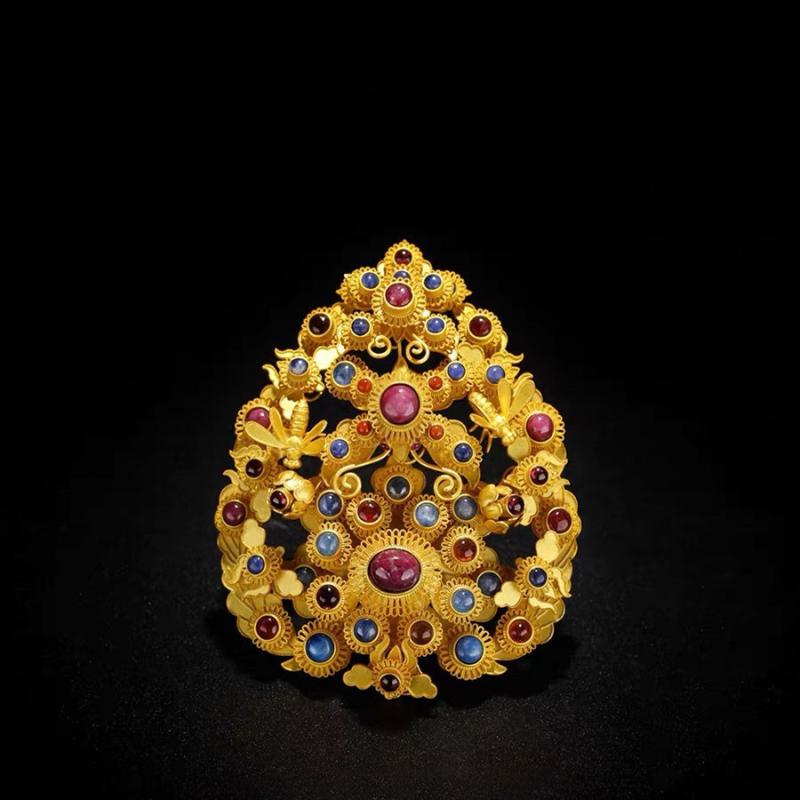 髪飾り 古風 漢服風 金銅メッキ 花細工 宝石象嵌 かんざし 簪 ヘッドドレス ヘアアクセサリー 新娘用 旗袍用 和装 婚礼 舞台 中国風 成人式 発表会 アン...