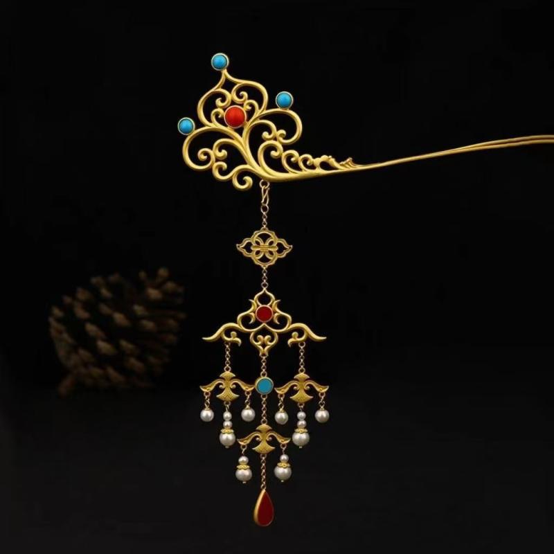 髪飾り レトロ 銅製 金メッキ かんざし 揺れる タッセル 普段使い 万能 古風 和装 浴衣 着物 チャイナドレス 和装小物 結婚式 パーティー エレガント ゴ...