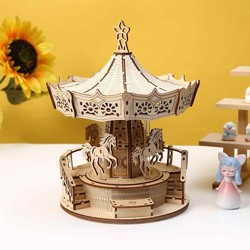 立体パズル 子供向け 木製 オルゴール メリーゴーランド 組み立て式 知育玩具 音楽再生機能付き 回転式..
