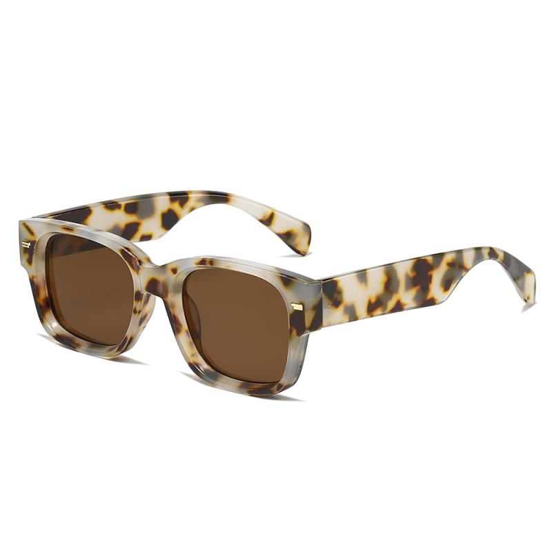 サングラス 欧米風 小さめフレーム 個性的 多角形 鋲付き ジェリーカラー PC素材 UV400カット 紫外線対策 シンプル レトロ ファッション小物 春夏 ドライブ アウトドア レジャー ヒョウ柄 スクエア型 ブラウンレンズ