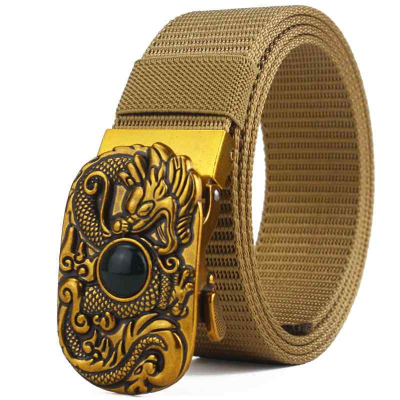 ベルト メンズ ナイロン キャンバス 自動バックル 龍モチーフ ドラゴンデザイン 宝石装飾 亜鉛合金 電..