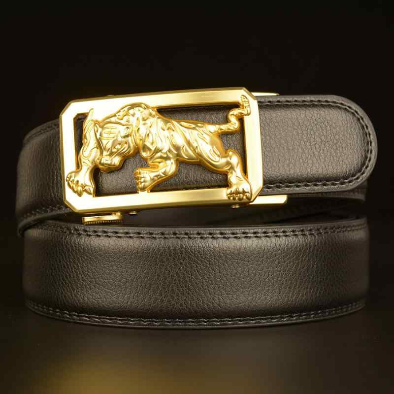 ベルト メンズ 男性用 牛革 本革 オートロック式 自動バックル 虎モチーフ ライチ柄型押し ブラック ビ..