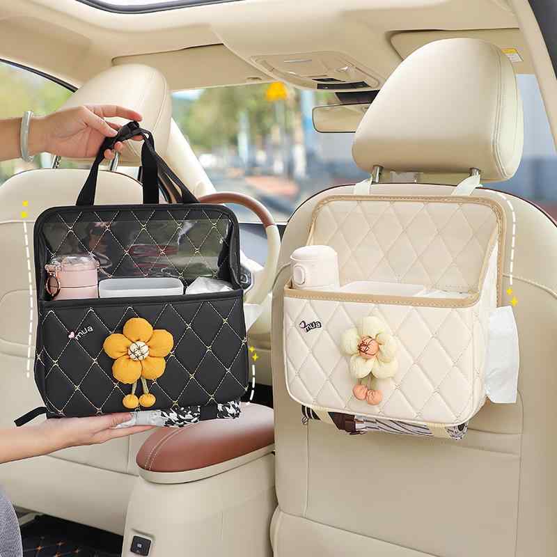 シートバックポケット 女性用 かわいい レザー 防水加工 ティッシュケース付き 多機能 小物入れ 車内整..