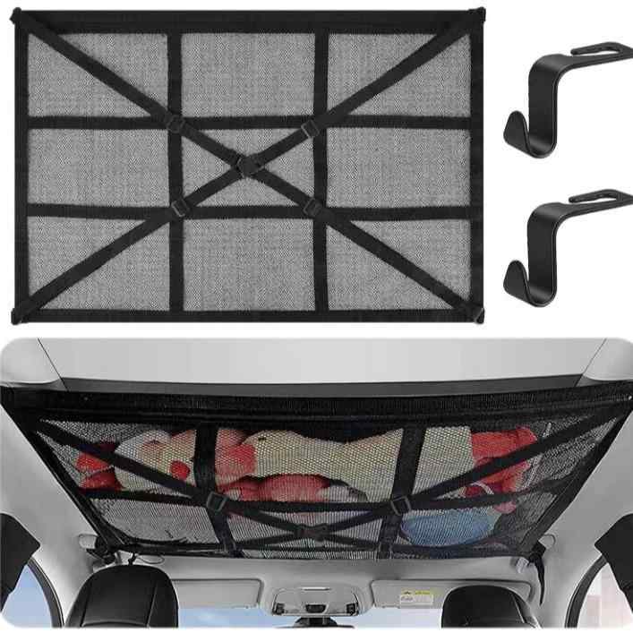 車載収納ネット ルーフ用 大容量 ダブルレイヤー ドローストリング 巾着 ラゲッジ 荷物整理 ポリエステ..