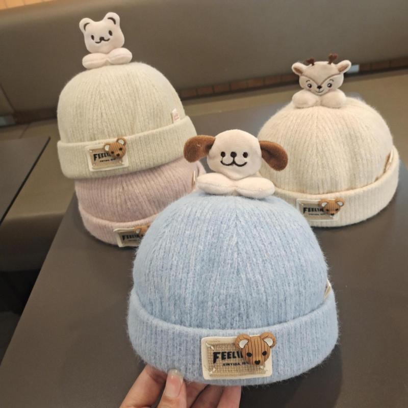 帽子 ベビー キッズ 子供 幼児 丸型 キャップ つばなし かわいい キュート キャラクター 保温 混紡素材..