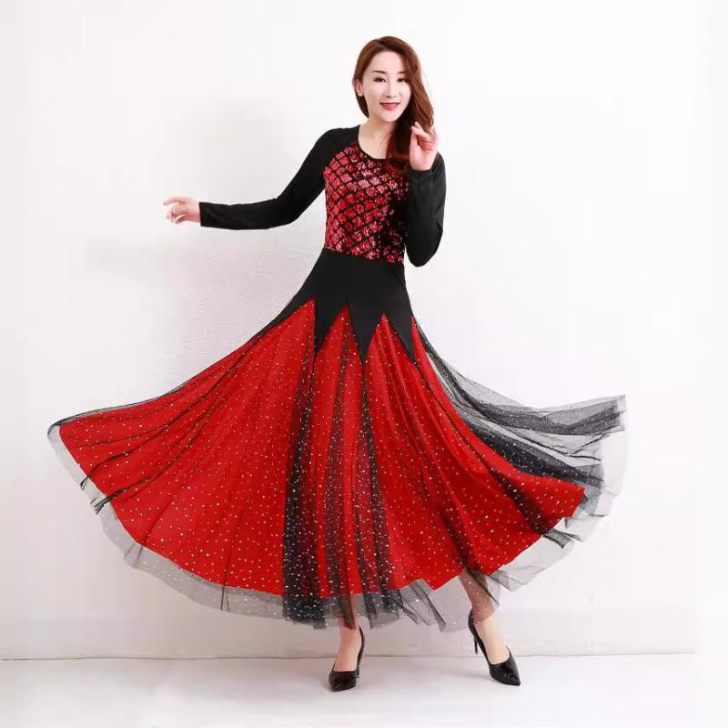 ダンスドレス レディース 40代 50代 モダン ワルツ 社交ダンス 競技会 発表会 ステージ衣装 再生繊維 長袖 ブラック レッド スパンコール