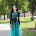 モダンドレス レディース 春夏 ワンピース 長袖 フレアスカート ロング丈 社交ダンス モダンダンス 発表会 ステージ パフォーマンス 衣装 ポリエステル ブラック ブルー ラメ スパンコール