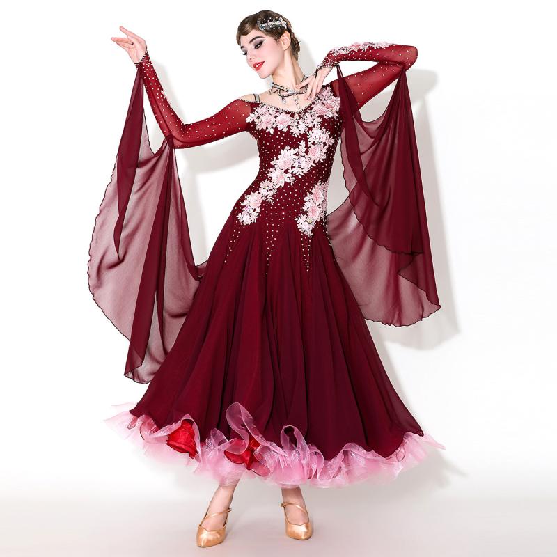 社交ダンスドレス モダンダンス ワルツ ラインストーン装飾 フェザーモチーフ フラワー刺繍 伸縮性 ロ..