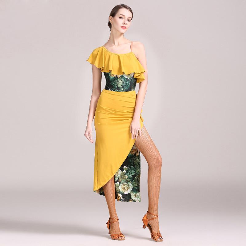 ラテンダンス レディース 春夏 接触冷感 伸縮性 ナイロン スパンデックス プリント柄 ダブルレイヤー フレアスカート セットアップ レッスン 練習着 競技用 ...