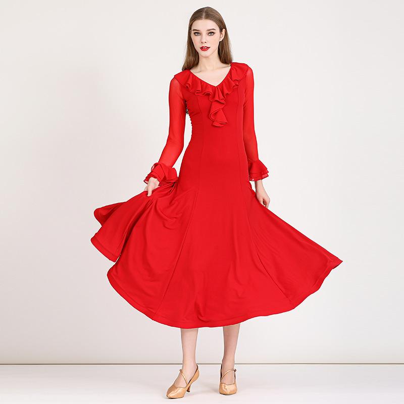 社交ダンス ドレス レディース モダン ワルツ 競技会 赤 黒 フリル袖 綿混 ストレッチ 鮮やかカラー Aライン フレアスカート レッスン 練習 衣装 ウェア 着心地快適