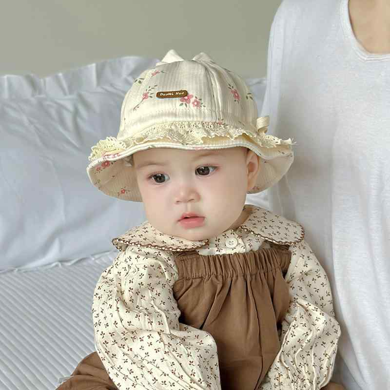 バケットハット ベビー 春秋 かわいい 薄手 日よけ レース つば広 ピンク系 小花柄 混紡素材 保温 丸形 紫外線対策 赤ちゃん