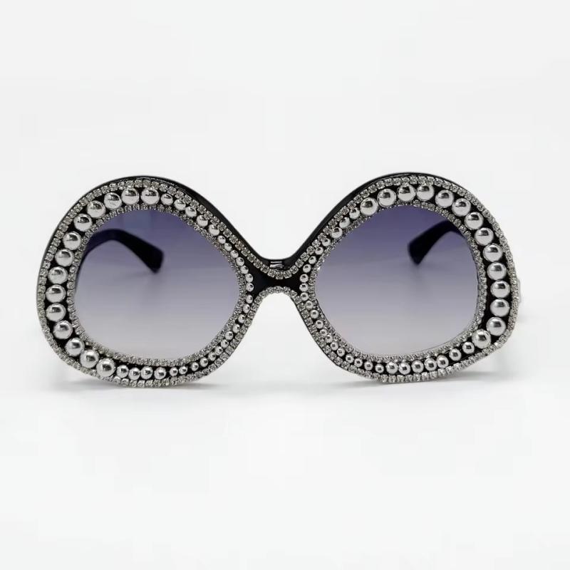 サングラス レディース 高級感 前衛的 個性的 幾何学 ダブルフレーム ラインストーン 卵型 変形デザイン ユニーク UV400カット 日焼け対策 おしゃれ PC素材 グレーレンズ ブラックフレーム サマー 旅行 パーティー イベント 普段使い