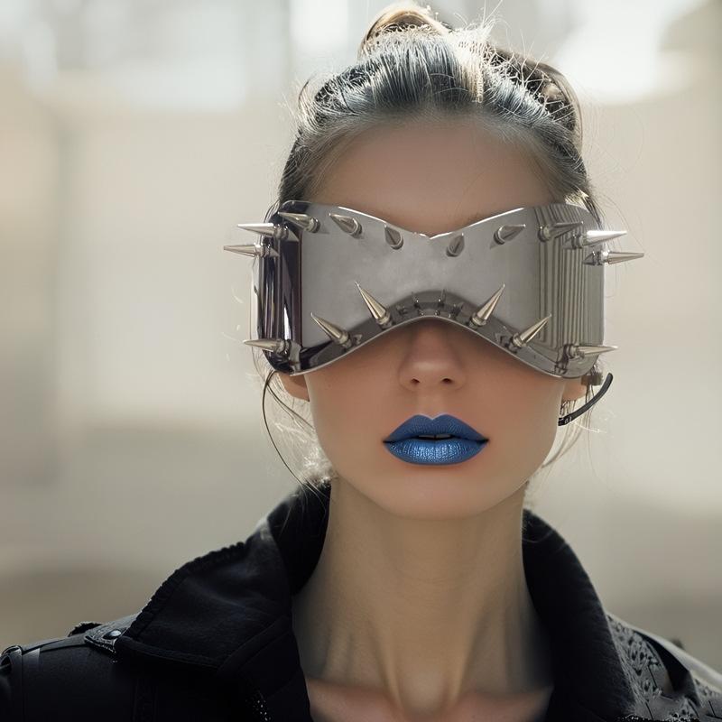 サングラス 男女兼用 ビッグフレーム マスク型 リベット テック 欧米風 サイクリング 個性的 DIY パンク ストリート パーティー トレンド PC素材 フレームレス ブラック ミラー スモークレンズ 奇抜