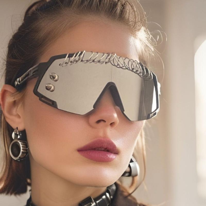 サングラス ユニセックス 鉄リング パンク 個性的 パーティー 登山 サイクリング 防風 スポーツ ファッション ヒップホップ スタイリッシュ PC製 ブラックフレーム ミラーレンズ