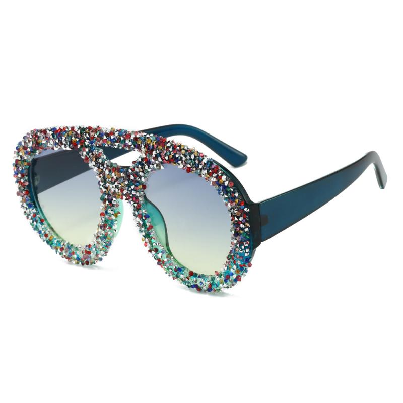 サングラス レディース 女性用 ラウンド型 ビッグフレーム ダブルブリッジ バイカラー ラインストーン ..