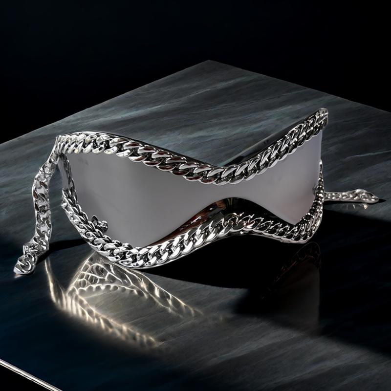 サングラス レディース メンズ 欧米トレンド ビッグフレーム リムレス 一体型 メタルチェーン装飾 Y2K パーティー 春夏 PC素材 UVカット 小顔効果 シルバー グレー ドライブ アウトドア